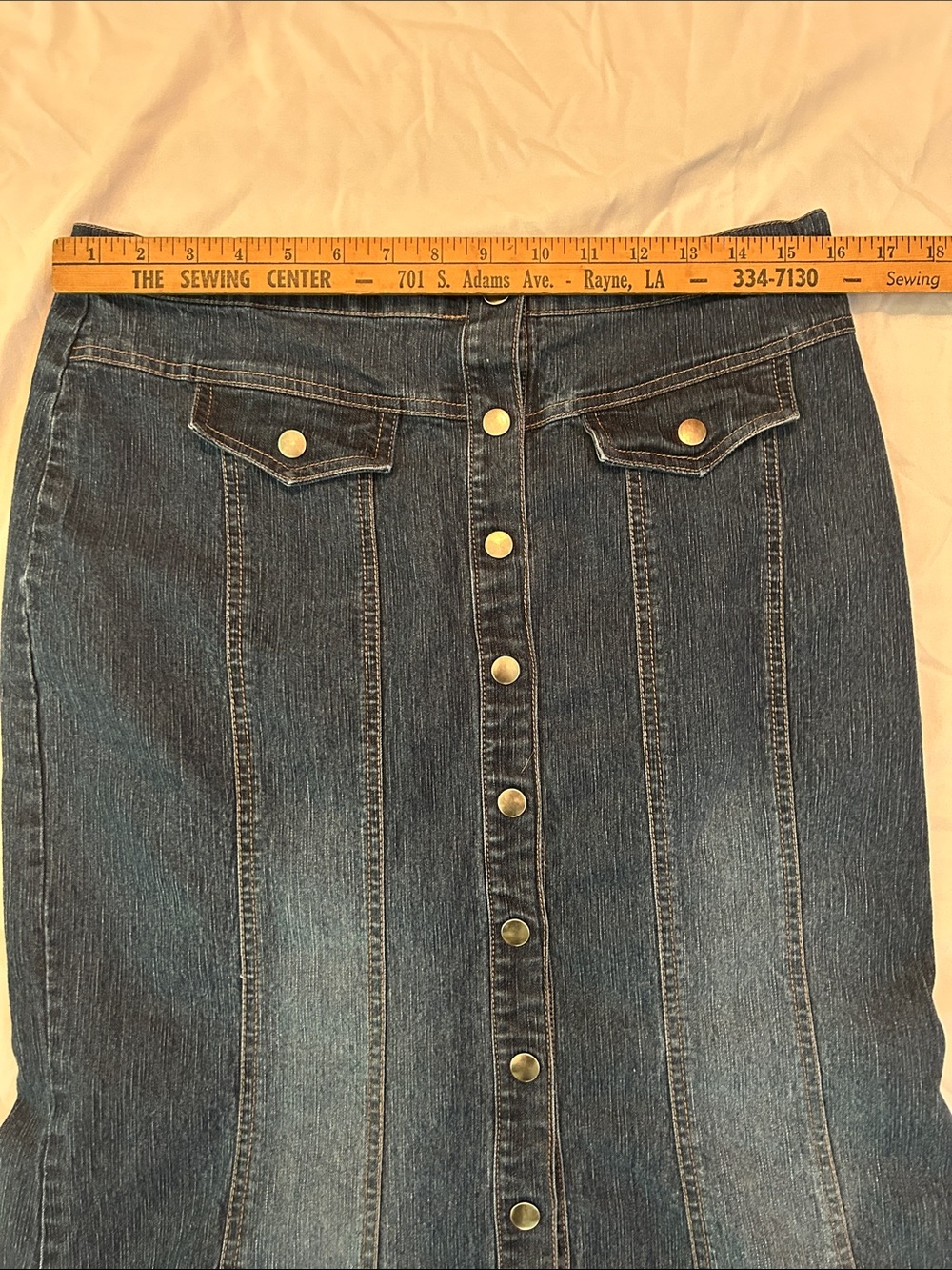 Jean Skirt Panel A-Line Flared Button/Snap Front Dark Blue Denim Stretch Maxi 14 - Picture 4 of 6
